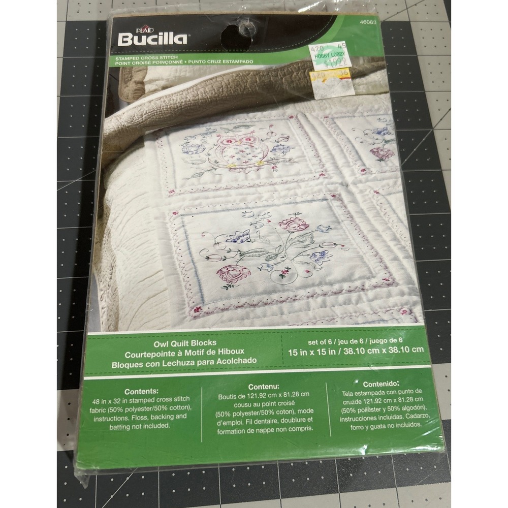 Bucilla Cross Stitch Owl Quilt Blocks 15x15" set of 6 Stamped NEW Sealed 46083